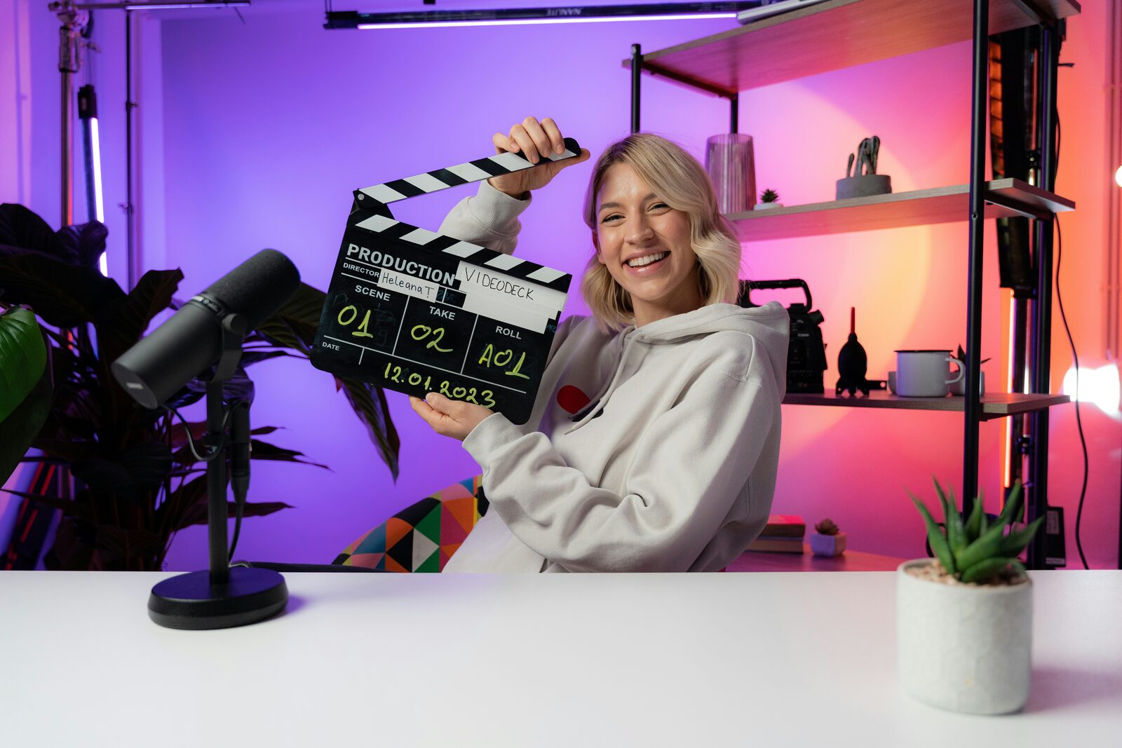 YouTube studio recording setup with microphone and camera